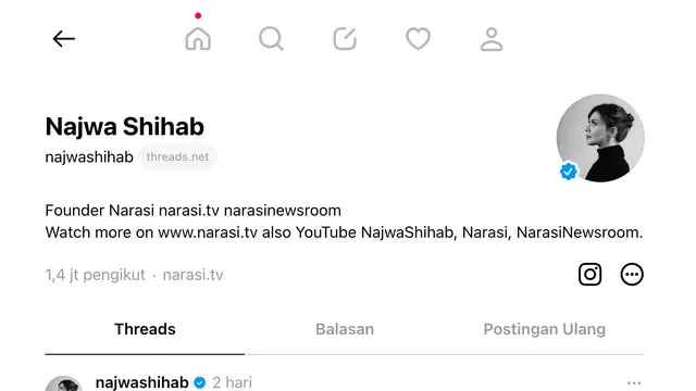 Cuitan Najwa Shihab di platform Threads. (Foto: Dok. Threads @najwashihab)