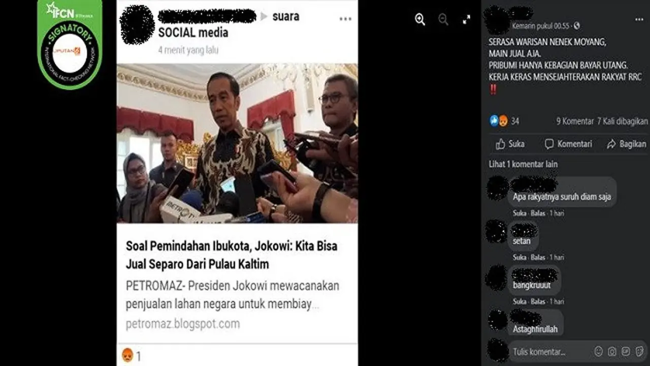 Gambar Tangkapan Layar Kabar Jokowi Menjual Separuh Kalimantan Timur untuk Ibukota Baru (sumber: Facebook).