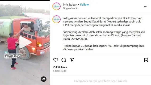 Viral ajudan Bupati Kutai Barat, FX Yapan diduga menganiaya sopir truk pengangkut minyak sawit Kabupaten Kutai Barat, Kalimantan Timur. (Instagram info_kubar)