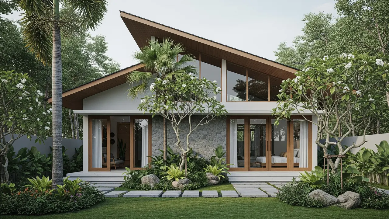 Model Rumah Minimalis Modern dengan Sentuhan Tropis Dengan Desain Atap Miring dan Overhang Lebar