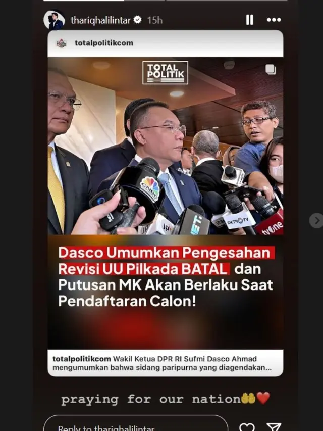 Unggahan Thariq Halilintar tentang Revisi UU Pilkada.