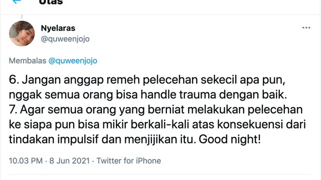 Unggahan Nyelaras soal Gofar Hilman. (Foto: Dok. Twitter @quweenjojo)
