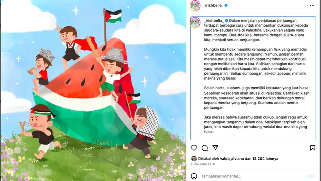 Irish Bella Ajak Masyarakat Ikut Bersuara untuk Membela Palestina: Suaramu Adalah Bentuk Perjuangan. (instagram.com/_irishbella_)