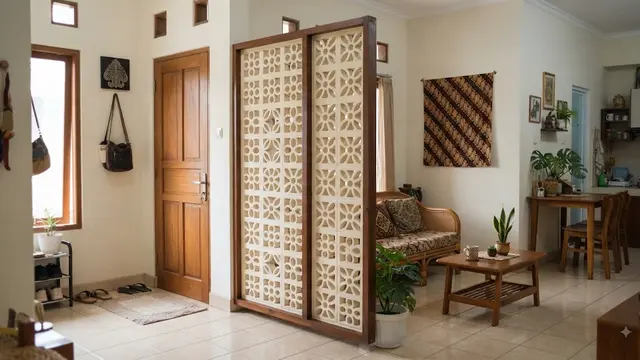 Ide pembatas ruangan untuk rumah kecil menggunakan sketsel berbagai motif unik model roster untuk membagi ruang tengah
