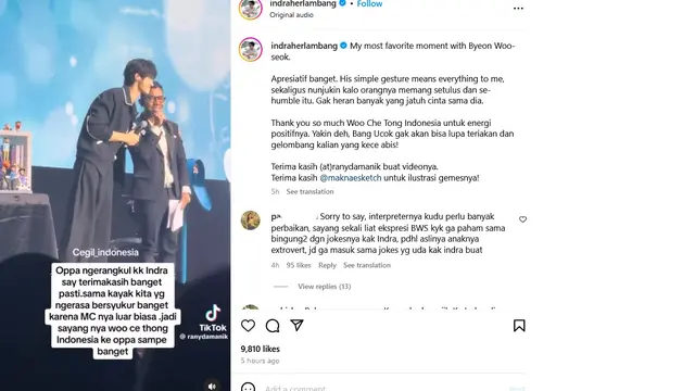 Unggahan Indra Herlambang tentang Byeon Woo Seok. (Video: ranydamanik  via Instagram/ indraherlambang)