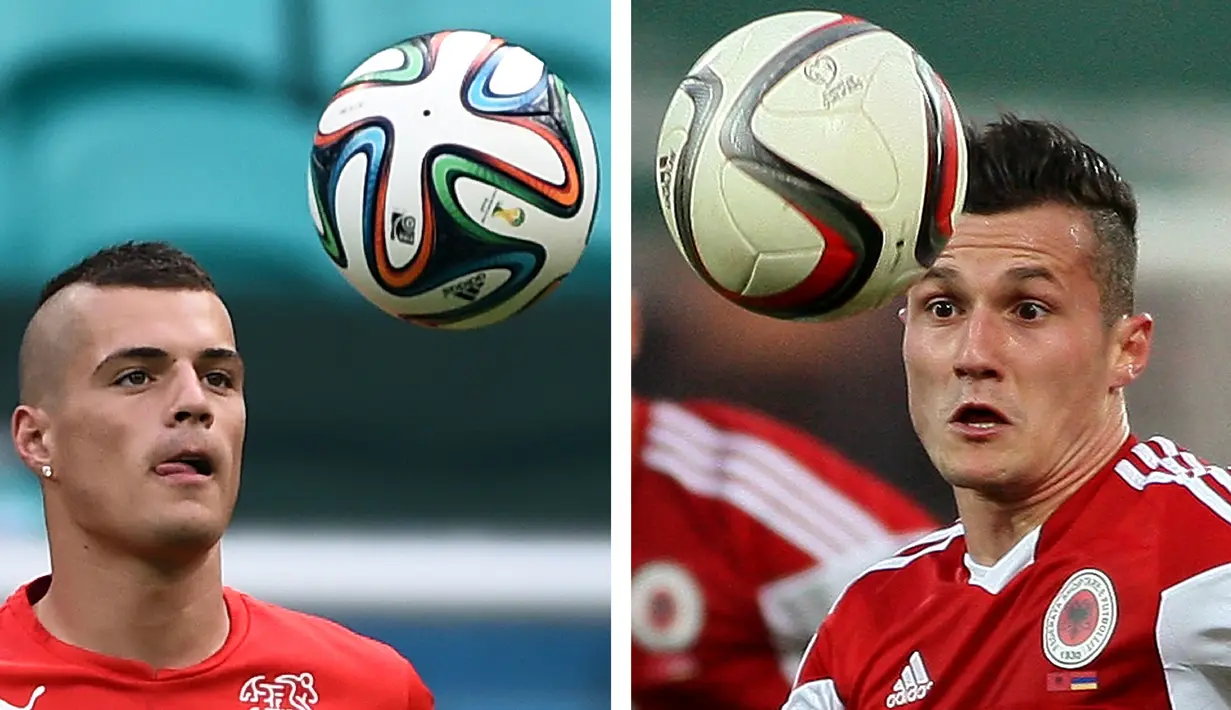 Pemain Albania Taulant Xhaka (kanan) dan pemain Swiss, Granit Xhaka. Kedua kakak beradik ini harus mengikuti gelaran piala Eropa 2016 dengan membela negara yang berbeda.(GENT SHKULLAKU ANNE-CHRISTINE POUJOULAT / AFP)