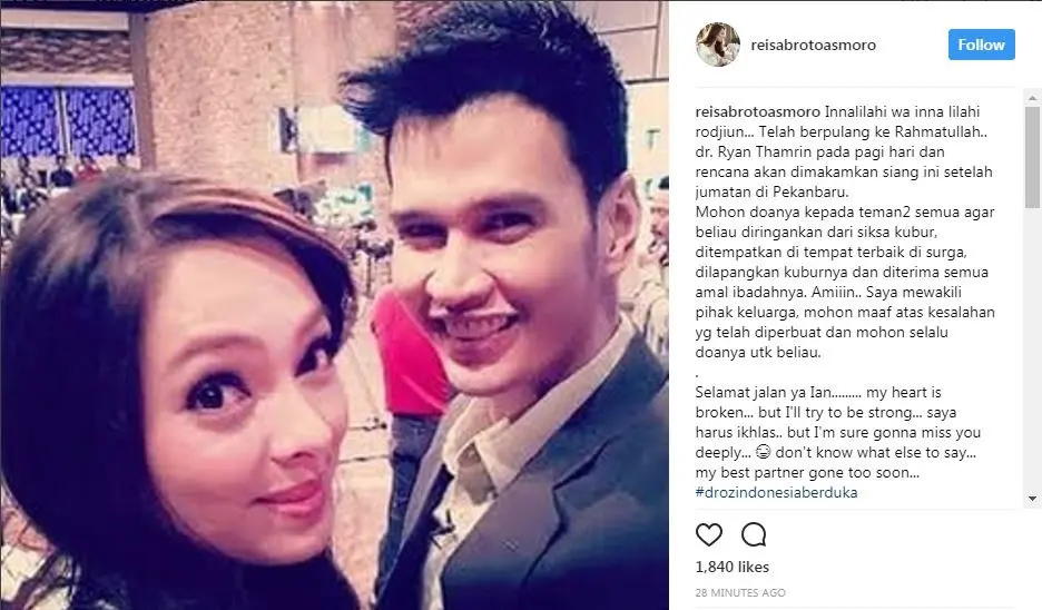 Dr. Ryan Thamrin semasa hidupnya bersama dr. Reisa Broto Asmoro (Foto: Instagram)