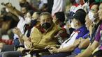 Presiden RI ke-6 Susilo Bambang Yudhoyono (SBY) saat menyaksikan pertandingan voli antara Bogor LavAni vs Jakarta Pertamina Pertamax pada laga PLN Mobile Proliga 2022 di Padepokan Voli Jenderal Polisi Kunarto, Sentul, Bogor, Minggu (16/1/2022). (Bola.com/M Iqbal Ichsan)