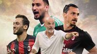 AC Milan - Ilustrasi Hakan Calhanoglu, Gianluigi Donnarumma, Stefano Pioli, Zlatan Ibrahimivoc (Bola.com/Adreanus Titus)