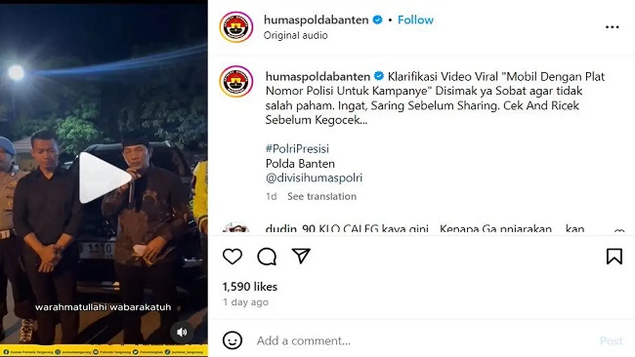 Caleg DPR RI, Zulfikar Hamonongan memberikan klarifikasi perihal video viral mobil berpelat Polri 70088-VII yang diduga digunakan untuk kampanye di Kabupaten Tangerang. (Instagram @humaspoldabanten)