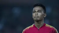 Bek Indonesia, Bagas Adi, saat melawan Palestina pada laga Asian Games di Stadion Patriot, Jawa Barat, Rabu (15/8/2018). Indonesia takluk 1-2 dari Palestina. (Bola.com/Vitalis Yogi Trisna)