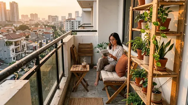 Desain Balkon Sempit dengan Rak Tanaman dan Bangku Lipat