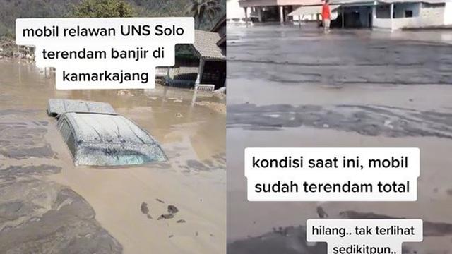 Mobil Relawan Terendam Banjir Erupsi Gunung Semeru, Hampir Tak Terlihat (Sumber: TikTok/@amarniarahmawati)