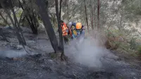 Relawan memadamkan api di Taman Nasional Bromo Tengger Semeru dekat Gunung Bromo di Pasuruan, Jawa Timur, Senin, 10 Agustus 2026. (AP/ Trisnadi)