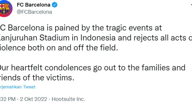 10 Ucapan Duka dari Klub Bola Ternama, Tragedi Kanjuruhan Jadi Perhatian Dunia