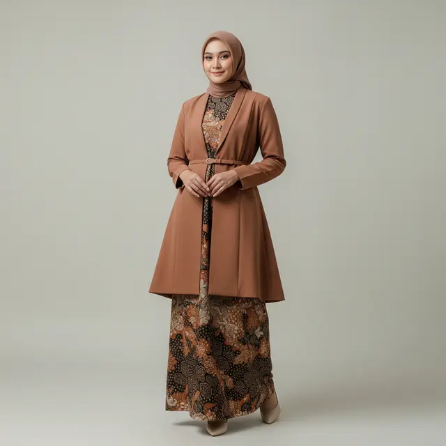 Gamis Batik dengan Blazer Berpotongan Panjang