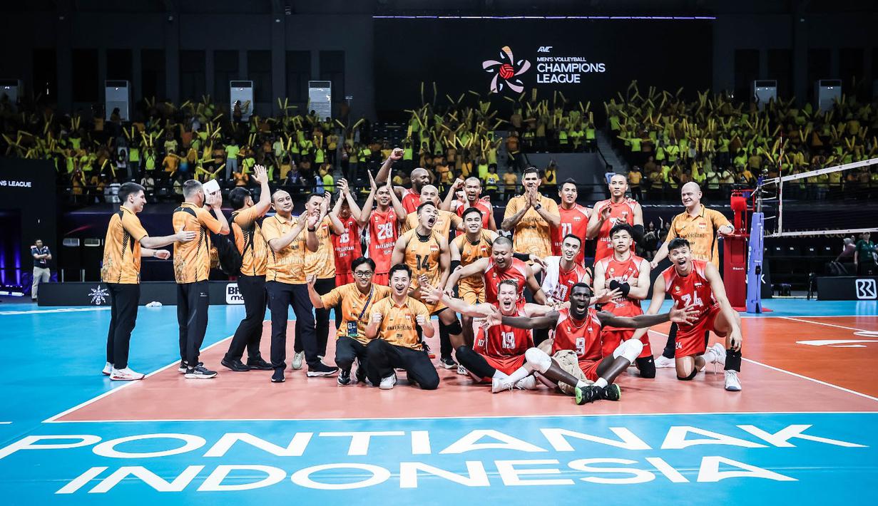 Bhayangkara Presisi berhasil memetik kemenangan dalam pertandingan pembuka AVC Men’s Volleyball Champions League 2026 melawan Zhaiyk di GOR Terpadu A. Yani, pada Rabu (13/5/2026). (Dok. PBVSI)