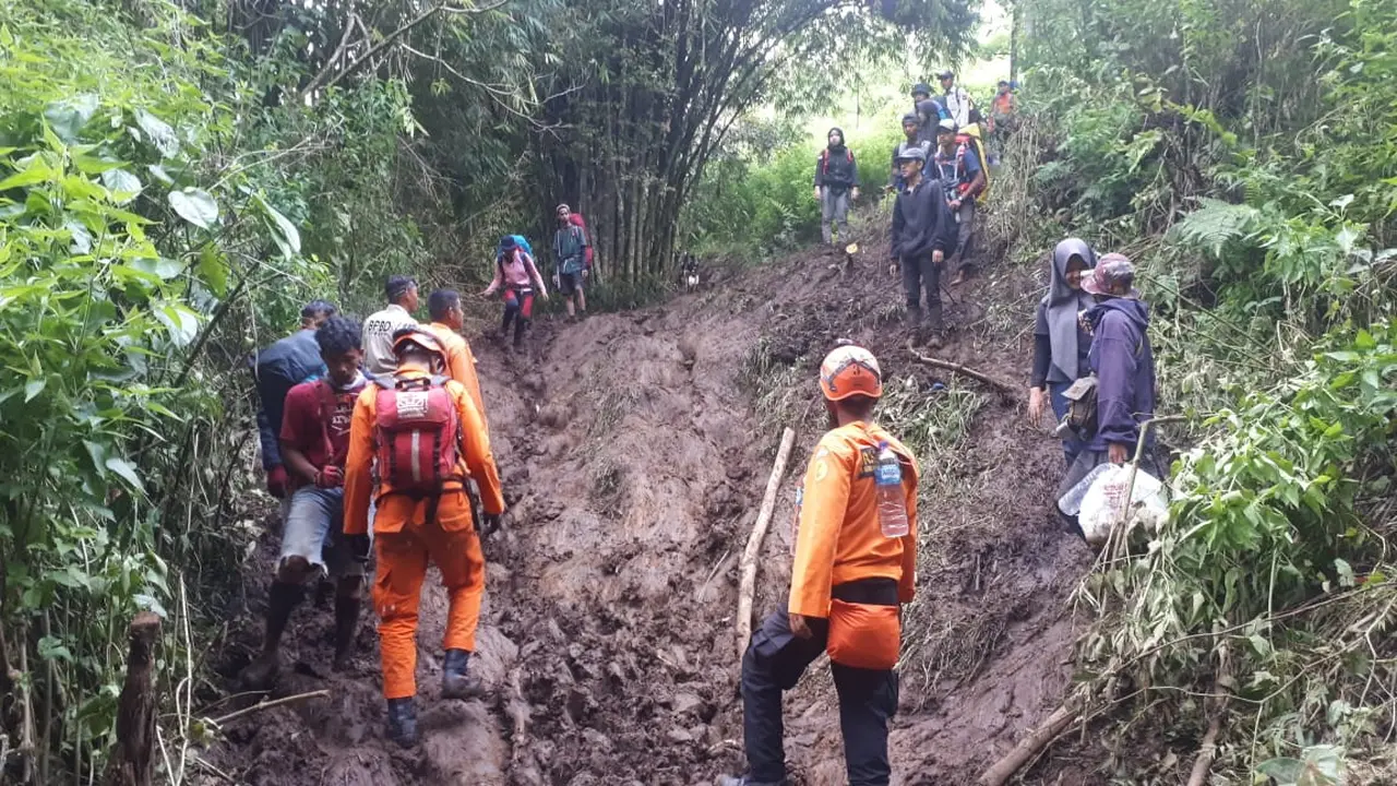 Tim SAR Padang melakukan operasi siaga dan evakuasi di jalur pendakian Gunung Talang. (Liputan6.com/ Dok SAR Padang)