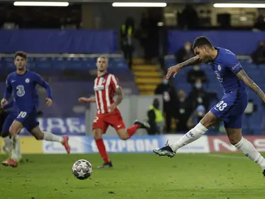 Bek Chelsea, Emerson Palmieri mencetak gol kedua timnya ke gawang Atletico Madrid 2-0 pada leg kedua 16 besar Liga Champions di Stadion Stamford Bridge, Inggris, Kamis dinihari WIB (18/3/2021). Chelsea akhirnya lolos ke perempat final setelah mengalahkan Atletico Madrid 2-0. (AP Photo/Matt Dunham)