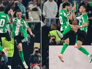 Pemain Real Betis, Antony dan Abde Ezzalzouli, melakukan selebrasi setelah mencetak gol ke gawang Lyon pada laga Liga Europa di Estadio La Cartuja, Jumat (7/11/2025) dini hari WIB. (AFP/Cristina Quicler)