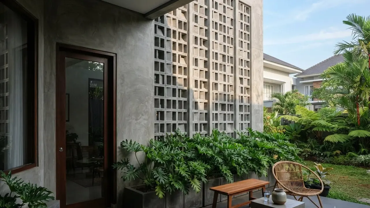 Ide Halaman Rumah dengan Roster Beton dan Philodendron