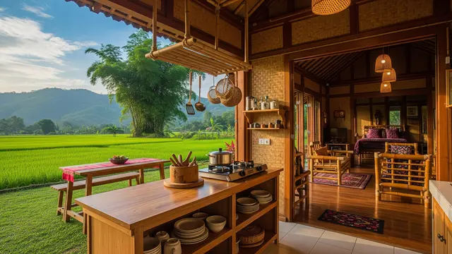 Rumah Bambu dengan Dapur Terbuka