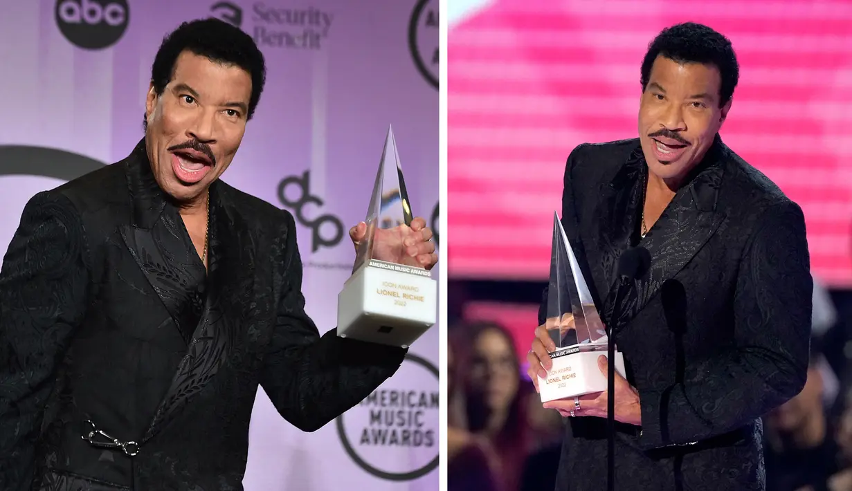 Foto kolase Lionel Richie saat menerima penghargaan Icon Award di American Music Awards di Microsoft Theater di Los Angeles pada Senin (21/11/2022). (AP Photo/Chris Pizzello)