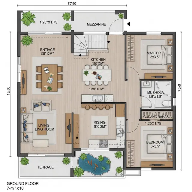 Denah Rumah 7x10 dengan Mezzanine dan Gudang Rahasia (Image by Gemini AI)