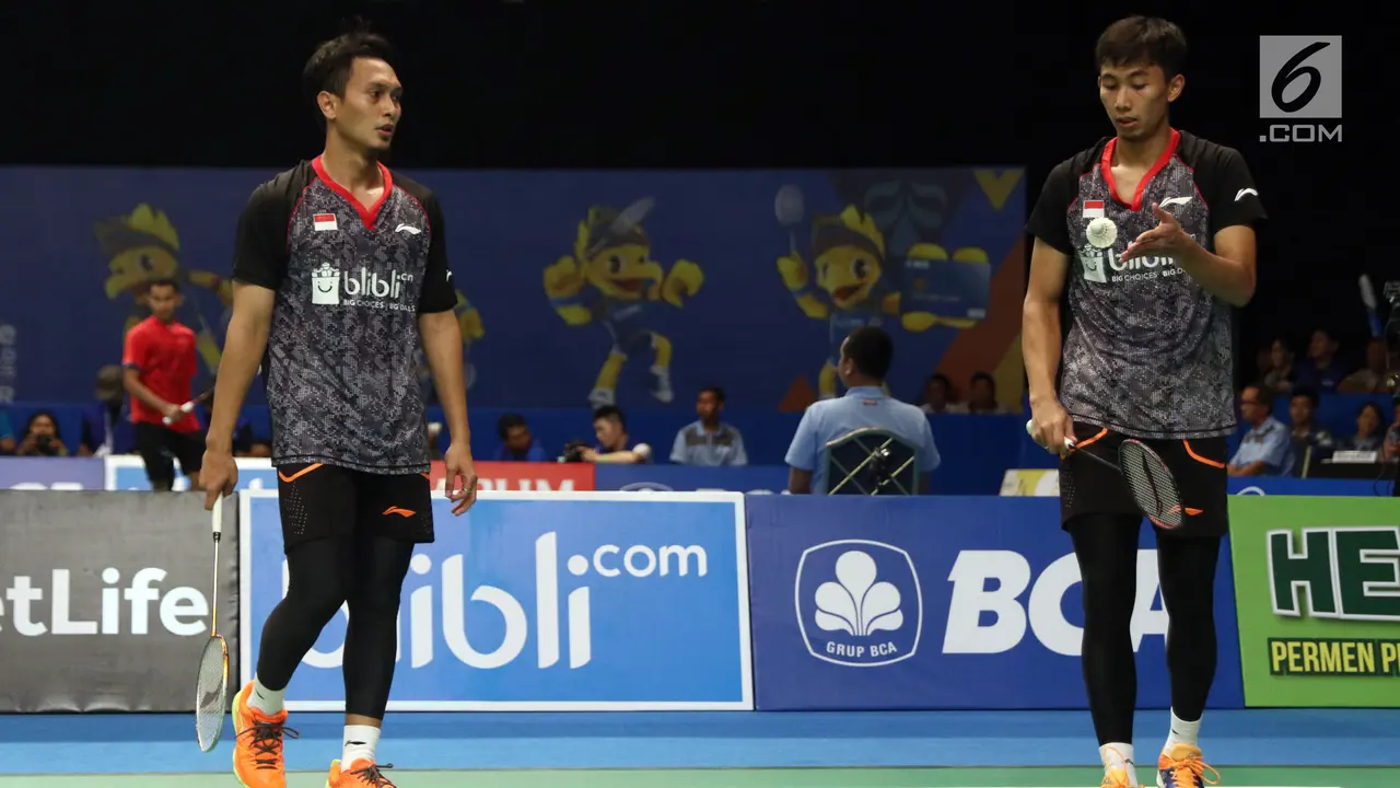 Ganda Putra Indonesia, Mohammad Ahsan dan Rian Agung Saputro tumbangkan unggulan teratas Kejuaraan Dunia Bulu Tangkis 2017, Li Junhui/Liu Yuchen. (Liputan6.com/Helmi Fithriansyah)