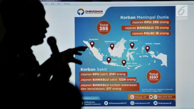 Data petugas KPPS yang menjadi korban meninggal dunia dan sakit selama Pemilu 2019 ditampilkan saat acara Ngopi Bareng Ombudsman di Ruang Serbaguna Ombudsman RI, Jakarta, Selasa (30/4/2019). (merdeka.com/IqbalNugroho)