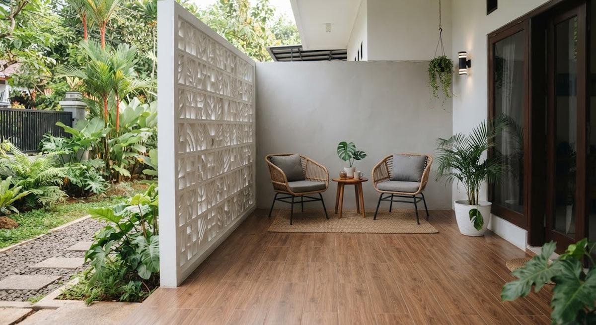 Model teras minimalis dengan lantai motif kayu yang cocok untuk rumah masa kini dengan area roster