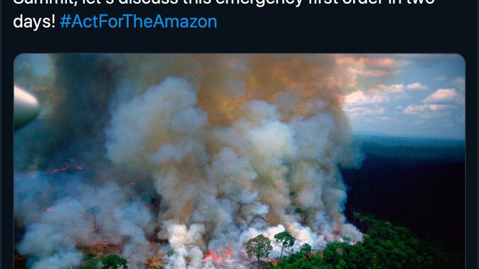 Presiden Prancis, Emmanuel Macron mencuitkan rasa prihatin dan mengajak pemimpin dunia untuk bersama menanggulangi kebakaran hutan Amazon di Brasil pada Jumat (23/8/2019).