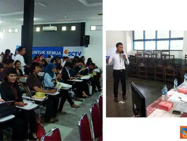 Sejumlah peserta workshop SCTV Goes to Campus yang digelar di Gedung Fisip Universitas Sumatra Utara, Medan (kiri). Audisi lomba presenter dalam ajang SGTC di Medan, Sumatra Utara.(foto: Hasto Ajie)