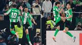 Pemain Real Betis, Antony dan Abde Ezzalzouli, melakukan selebrasi setelah mencetak gol ke gawang Lyon pada laga Liga Europa di Estadio La Cartuja, Jumat (7/11/2025) dini hari WIB. (AFP/Cristina Quicler)