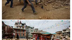 Gambar kombinasi menunjukkan orang membawa korban gempa pada 25 April 2015 (atas) dan pedagang menjual bunga di tempat yang sama pasca gempa dahsyat yang menewaskan lebih dari 8.000 orang di Kathmandu, Nepal, 16 Februari 2016. (REUTERS/Navesh Chitrakar)