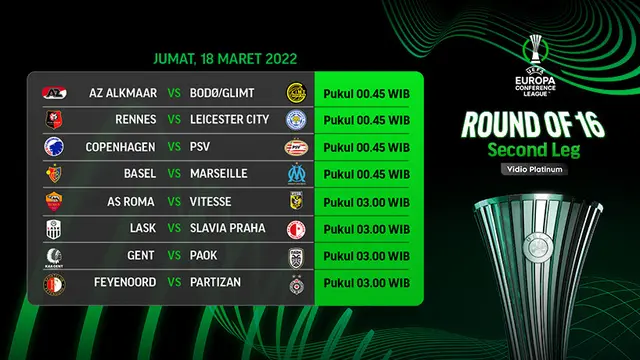 Link Live Streaming UEFA Conference League 2021/2022 Leg Kedua 16 Besar di Vidio, Jumat 18 Maret 2022
