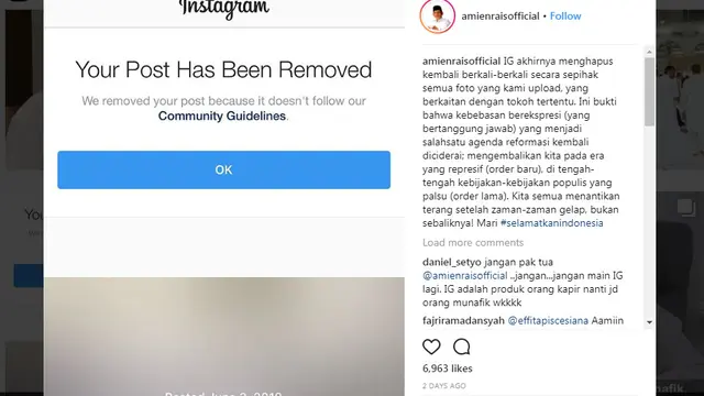 Amien Rais protes fotonya dihapus Instagram