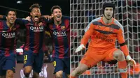 Penjaga gawang Arsenal, Petr Cech, memiliki rekor bagus kala berhadapan melawan trio penyerang Barcelona, MSN. (Mirror)