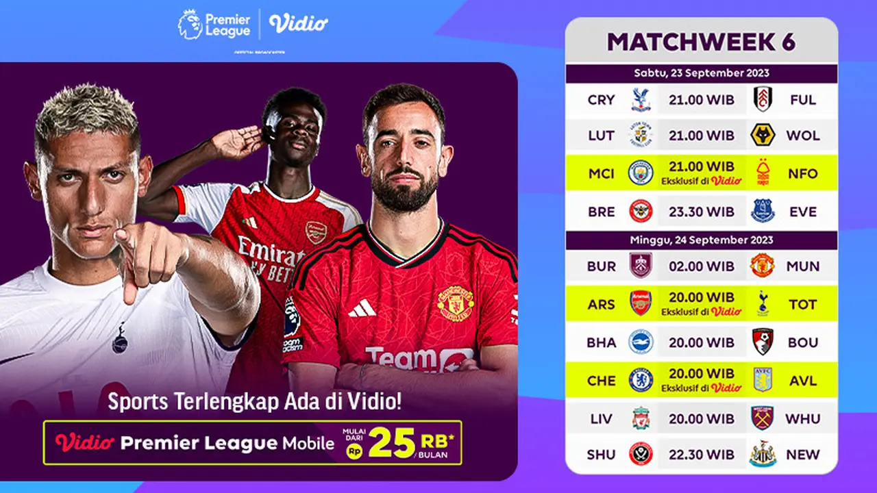 Jadwal dan Link Streaming Liga Inggris 2023/2024 Pekan Keenam
