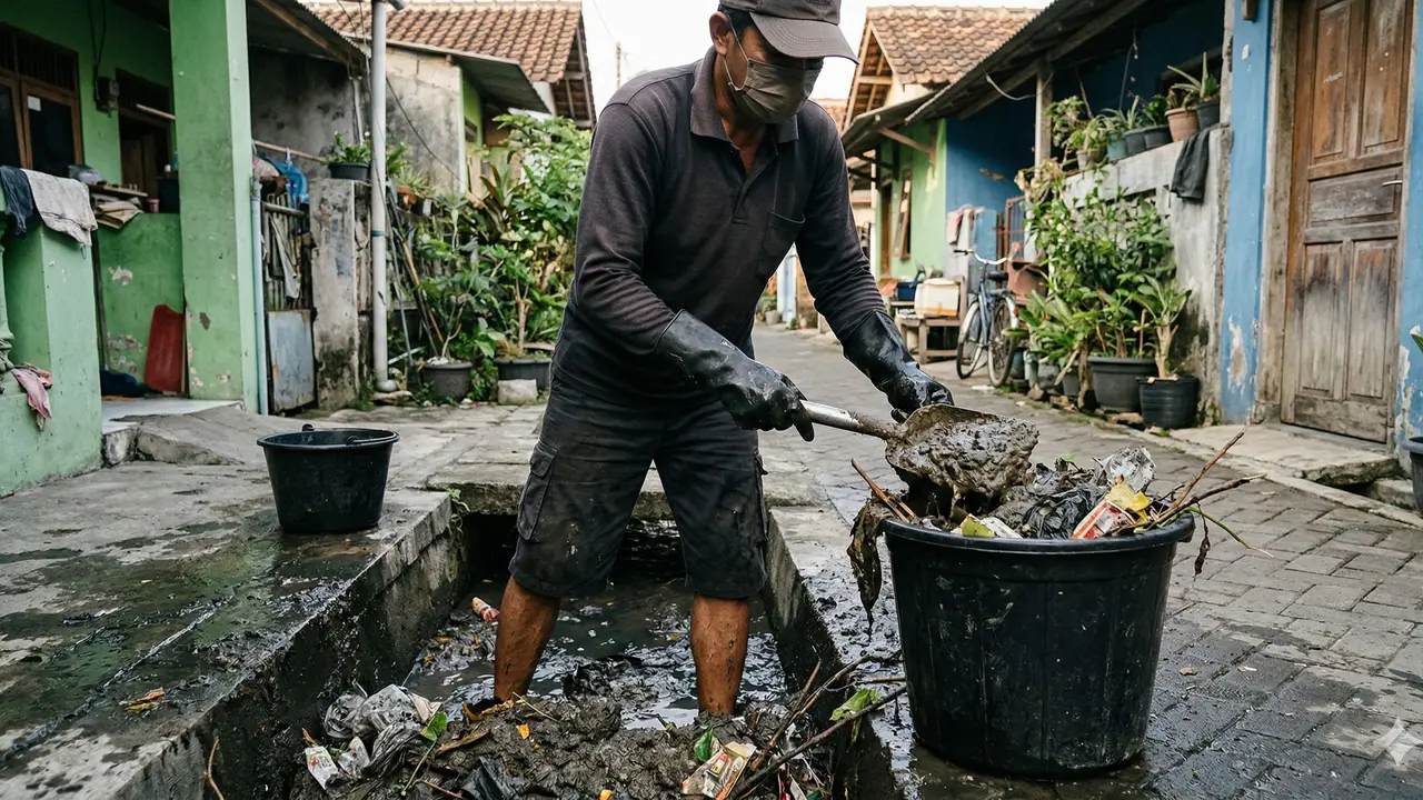 Cara Membersihkan Selokan Rumah (Foto: Gemini AI)
