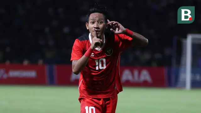 Selebrasi Beckham Putra Nugraha setelah mencetak gol buat Timnas Indonesia U-22 melawan Timnas Kamboja U-22 di SEA Games 2023.