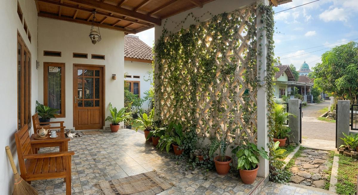 Inspirasi Teras Rumah dengan Roster dan Tanaman Rambat, Bikin Hunian Sejuk dan Estetik Model Motif Diamond dengan Tanaman Janda Merana