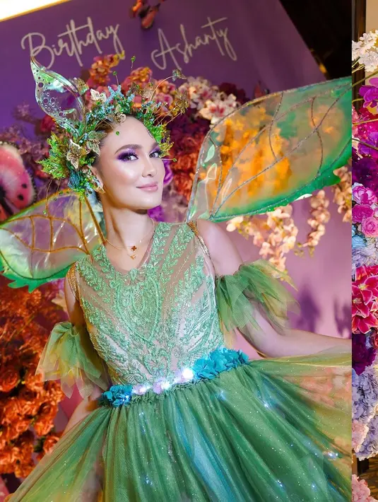 Luna Maya tampil seperti Tinker Bell dengan mini dress berwarna kehijauan di pesta ultah Ashanty. Sayap hijau transparan dan boots lengkapi tampilannya  [@lunamaya]