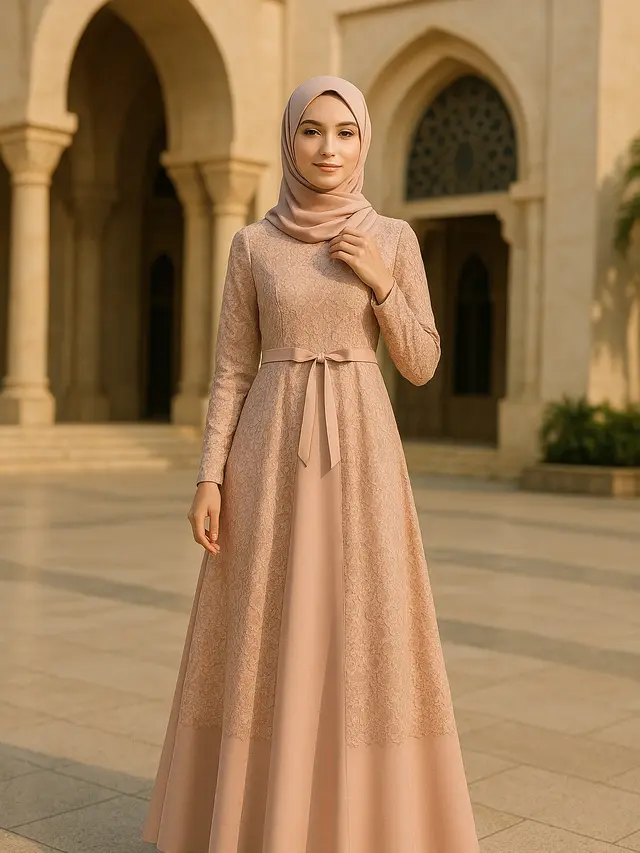 Model Gamis Syari A-Line Kombinasi Brokat Modern
