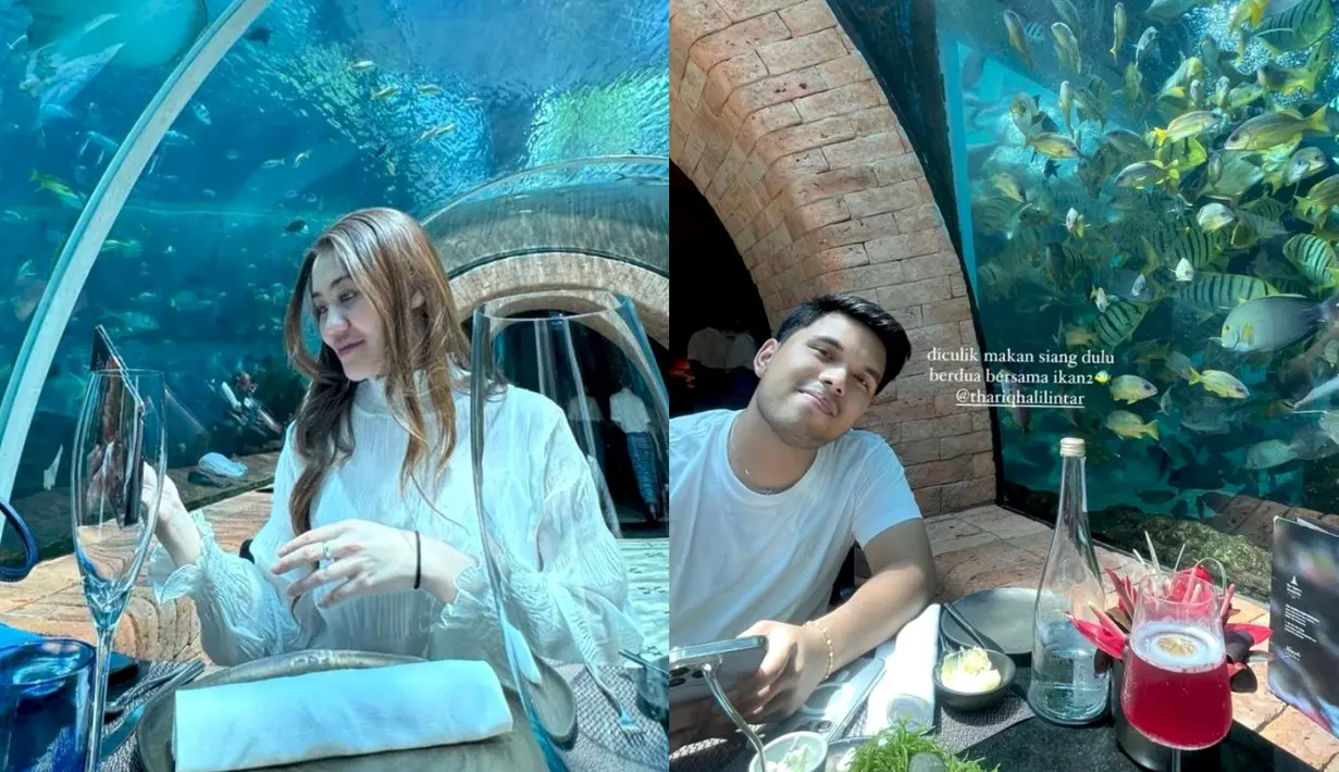 <p>Menikmati sajian lunch berdua dengan latar aquarium, Aaliyah tampil anggun mengenakan blouse warna putih. Di depannya, ada Thariq yang bergaya kasual dengan kaus warna putihnya. [@aaliyah.massaid]</p>