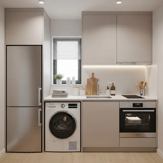 Desain Dapur Kecil dan Area Laundry dalam Satu Ruang