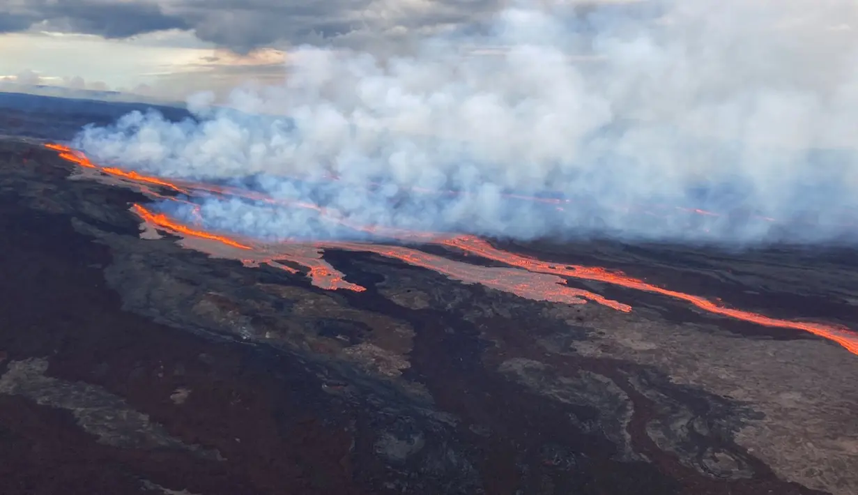 Foto udara menunjukkan gunung berapi Mauna Loa terlihat meletus dari lubang di Zona Rift Timur Laut di Pulau Besar Hawaii, Senin, 28 November 2022. Mauna Loa di Hawaii, gunung berapi aktif terbesar di dunia, mulai memuntahkan abu dan puing-puing dari puncaknya, mendorong pejabat pertahanan sipil untuk memperingatkan penduduk pada hari Senin untuk bersiap jika letusan menyebabkan lahar mengalir ke masyarakat. (U.S. Geological Survey via AP)