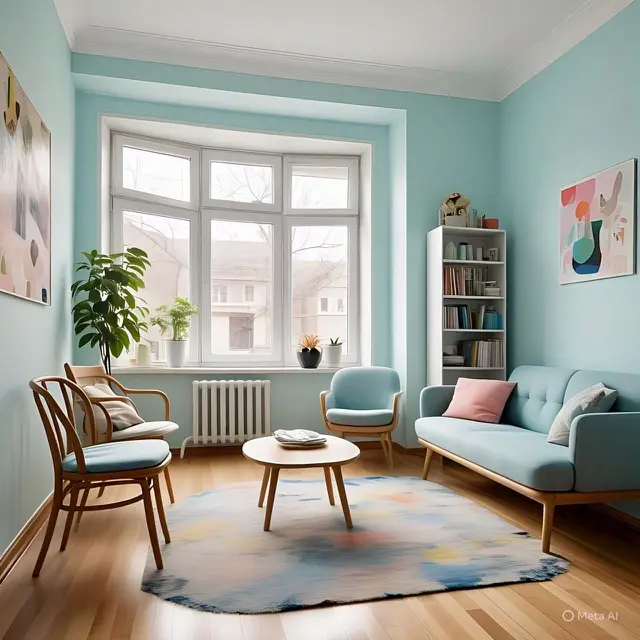 Contoh Desain Ruang Tamu di Ruang Sempit dengan Gaya Minimalis Cerah dan Warna Pastel/ChatGPT