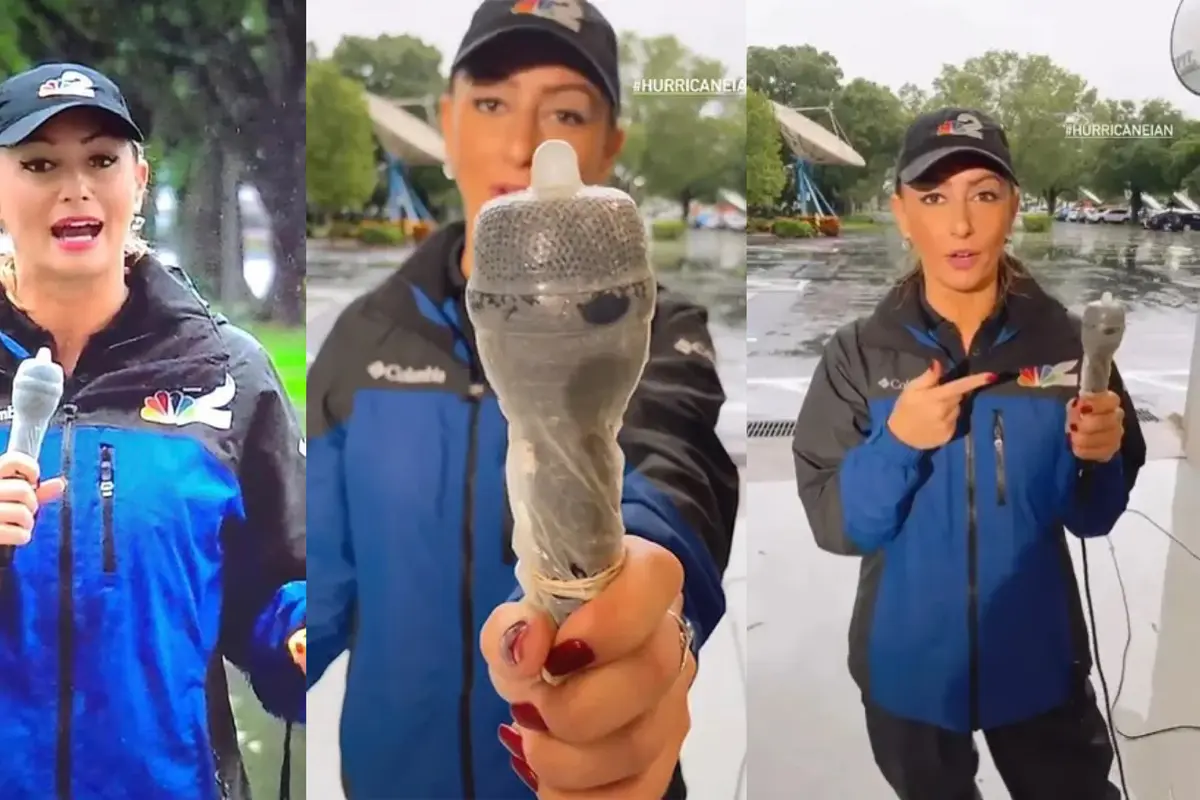 Potret Reporter Kyla Galer Saat Siaran dengan Mikrofon Berbalut Kondom (Sumber: Instagram @kylagaler)