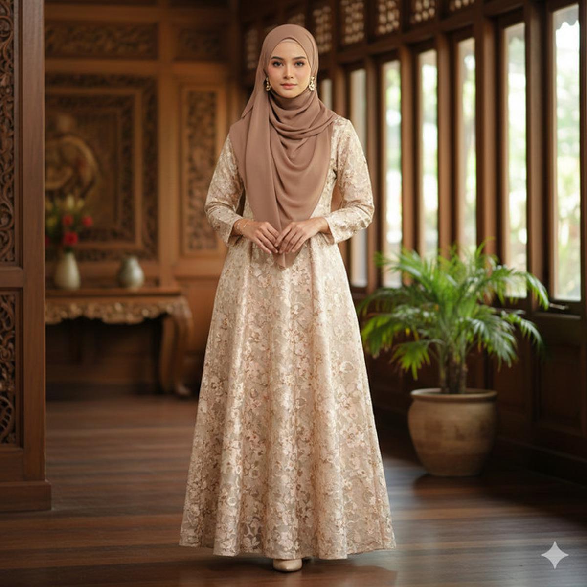 Gamis Batik Brokat Warna Champagne Cocok dengan Kerudung Apa? Ini 7 Rekomendasinya yang Elegan